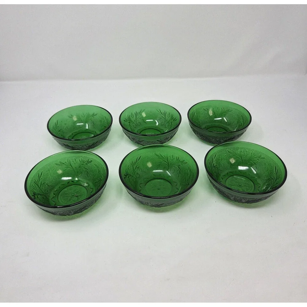 Anchor Hocking Forest Green Sandwich Glass Berry Bowls Set of 6 Vintage‎ 1950s